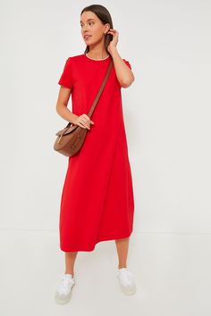 Easy to throw on for elevated everyday wear, we are loving the Red Colbie Dress this season. With a chic maxi length that makes it feel special, a fun and fresh contrasting neckline, and a lightweight, soft jersey fabric reminiscent of your favorite tee, this silhouette is truly a no-brainer. Pair it with crisp white sneakers and sunnies for a day of running errands in style, or go for ballet flats and a sleek bag for brunch with your besties! Crewneck with contrast ribbed trim Short sleeves Str Spring Capsule, Special A, Spring Accessories, Cocktail Attire, Maxi Knit Dress, Spring Trends, Feel Special, White Sneakers, Get The Look