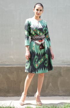 Ikat Dress With Embroidered Belt – NOMADIC Ikat Dresses, Green Ikat, Raffia Crochet, Ikat Dress, Embroidered Belt, Braided Belt, One Clothing, Special Occasion Outfits, Handmade Dresses