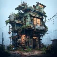 a house with lots of plants growing on the roof and windows in front of it