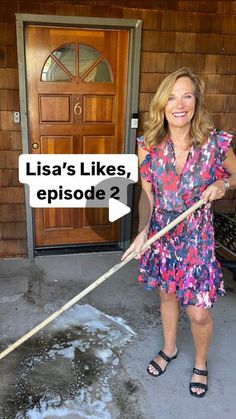 a woman holding a mop in front of a door with the words, lisa's likes episode 2