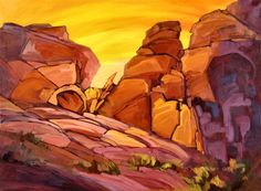 an oil painting of rocks in the desert with yellow and orange sky behind them at sunset