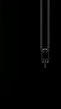 a black and white drawing of a cat hanging from a string on a door handle