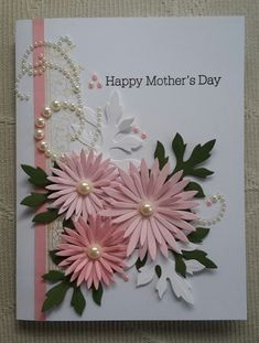 a mother's day card with pink flowers and pearls