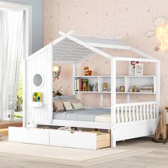 a child's bedroom with a bed and bookcase