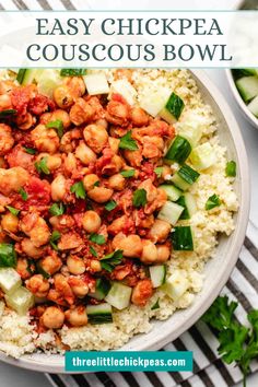 a white bowl filled with cauliflower and chickpea couscous bowls