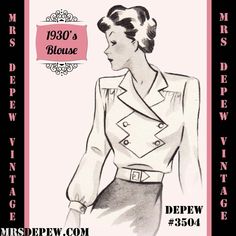 D-A-H Vintage Sewing Pattern 1930s 1940s Long Sleeve Blouse in Any Size - PLUS Size Included -3504 1940s Fabric, French Blouse, 1940s Blouse, Sewing Blouses, Pattern Template, Make Your Own Clothes, 1930s Fashion, 1940s Fashion, Look Vintage