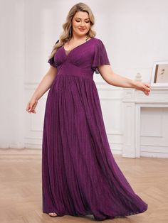 This A-line evening dress features a flattering sheer V-neckline that adds a touch of glamor to the look. The high-rise silhouette creates a flattering silhouette that exudes elegance and sophistication. Formal Evening Dresses Classy, Classy Bridesmaid Dresses, Ruffles Sleeves, Purple Wisteria, Plus Size Elegant, A Line Evening Dress, Prom Dresses Sleeveless, Formal Evening Dress, Sequin Evening Dresses