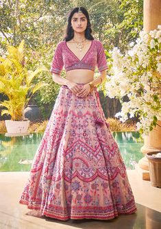 Jade By Monica & Karishma-Gold Pink Embroidered Lehenga And Blouse-INDIASPOPUP.COM Pink Bridal Lehenga, Gown With Cape, Lehenga And Blouse, Tulle Blouse, Organza Lehenga, Net Lehenga, Lehenga Skirt, Pink Lehenga, Embroidered Lehenga