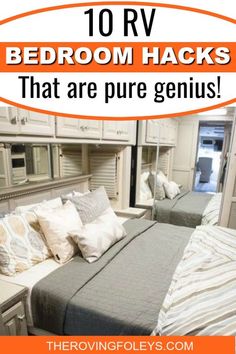 an rv bedroom with two beds and pillows on the bed, text overlay reads 10 creative storage ideas for an rv bedroom