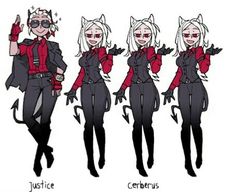 an anime character is shown in four different poses, including cats and demon ears on her head