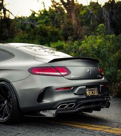 the rear end of a gray mercedes s - class coupe parked in front of some trees