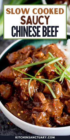 slow cooked chinese beef in a bowl with rice and scallions on the side