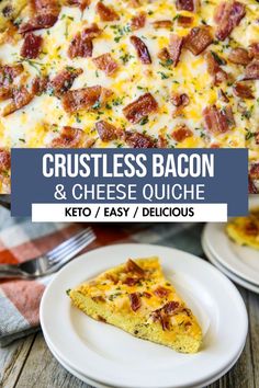 a cheesy bacon and cheese quiche on a white plate