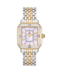 Michele Limited Edition Deco Two Tone 18K Gold Plated Diamond Watch, 30mm x 35mm Michele Watch, Gold Diamond Watches, Michele Watches, Roman Numeral, Gold Plated Bracelets, Two Tone Watch, Gold Case, Bezel Diamond, Diamond Watch