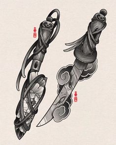 an ink drawing of two knives with designs on them