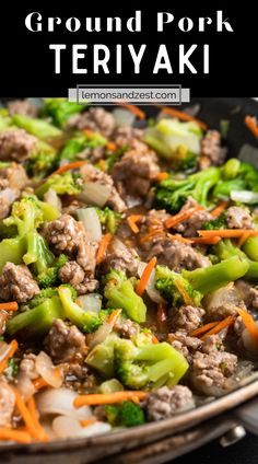 ground pork and broccoli stir fry in a skillet