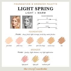 the concept wardrobe | Great lipstick colours and blush colours for the Light Spring. This article is a comprehensive guide to the Light Spring make-up palette. Light Spring is the combination of light and warm in the seasonal colour analysis. Find out which make-up colours look best on the lightest of the 12 seasonal types. Spring Skin Tone, Light Spring Colors