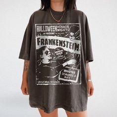 Frankenstein Shirt UNISEX Comfort Colors® Vintage Halloween Film Shirt Oversized T Shirt Classic Horror Movie Shirt Grunge Halloween Tshirt  PLEASE READ BEFORE PLACING YOUR ORDER   This is a regular UNISEX fit t-shirt - SIZE UP for OVERSIZED / TEE DRESS looks.   Pls note, the image printed is a replica and not an original and when printed, can contain minor flaw/s that may only be discernible when looked at very closely.  1. This tee is GENDER NEUTRAL / UNISEX. The relaxed fit is flattering for Horror Movie Tshirts, Frankenstein Shirt, Horror Shirts, Horror Movie T Shirts, Halloween Film, Horror Movie Shirts, Style Goals, Halloween Tshirt, Classic Horror Movies