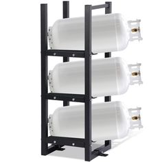 three water tanks are attached to the side of a black rack with white plastic containers