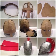 several pictures of different types of masks made out of cardboard and duct tape, each with an origami mask attached to it