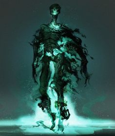 a digital painting of a man walking in the dark with green light coming from his body