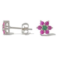 "This precious Pink Sapphire & Emerald rosebud stud earring is composed of 14K solid gold and AAA quality round brilliant cut genuine natural real Pink Sapphires with an Emerald center. Comes with matching 14K solid gold secure earring backs. ♦ Rosebud Dimensions: approximately 6mm (w) x 6mm (h) ♦ Post Thickness: 20 gauge (0.8mm) ♦ Metal Finish: High Shine Polish ♦ This design is available in Rose, White & Yellow 14K Gold ♦ Backing Type: your choice of Push Back or Screw Back Style Backi Pink Gemstone Earrings In Flower Shape, Pink Gemstone Earrings With Flower Shape, Pink Flower Jewelry With Prong Setting, Pink Gemstone Flower-shaped Earrings, Emerald Earrings Studs, Flower Stud Earrings, Flower Stud, Emerald Earrings, Flower Earrings Studs