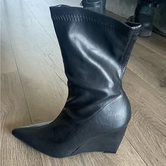 Immaculate Condition. Looks Super Cute With Jeans Or A Dress/Skirt Black Boots For Office Use In Spring, Spring Fitted Boots With Wedge Heel, Fitted Spring Boots With Wedge Heel, Fitted Wedge Heel Boots For Spring, Spring Fitted Wedge Heel Boots, Fitted Black Boots For Work, New Boots, Shoes Brand, Wearing Black