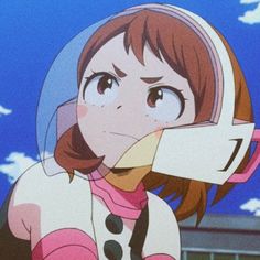 an anime character wearing a space suit and holding her nose to her mouth with the sky in the background