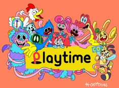 cartoon characters with the word playtime written in front of them on a pink background