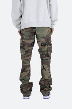 the Bootcut Cargo Pants are designed with our new B fit, which is slim through the thigh and features a slight flare at the leg opening and is constructed from washed camo twill, with a vintage wash and paint splatter, and finished with a contrasting camo panelling. details flare at leg opening 100% cotton model is 6’1 Bootcut Cargo Pants, Camo Cargos, Mandarin Collar Shirt, Outfit Inspired, Fuzzy Cardigan, Vintage Flannel, Denim Patches, Denim Flares, Paint Splatter