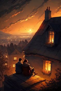 two people sitting on top of a roof watching the sunset