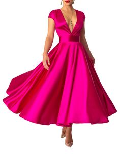 "Rubellite" Magenta V-Neck Midi Dress – FKSP Vestidos Color Fucsia, Magenta Dress, Long Skirt Fashion, V Neck Midi Dress, Dress Designer, Dress Formal, Grace Kelly, Spring Dress, Bohemian Dress