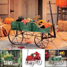 a green wagon filled with flowers and pumpkins