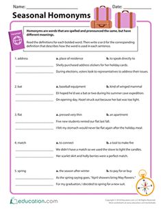 a printable worksheet with the words seasonal homonys on it