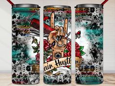 three travel mugs with the words air hustle on them and an image of a hand holding a knife