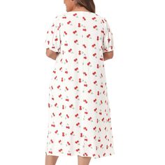 Description: This long nightgown with a square neck and short sleeves is made of soft and comfortable fabric, suitable for family pajama parties, daily life, out shopping, etc. The cute and fashionable pattern and bow neckline on the chest make this pajama smarter and more interesting, with a comfortable and loose fit. Designed specifically for plus-size women and designed to provide comfortable clothing for plus-size girls. provide you with a good shopping experience. White Cartoon Print Short Sleeve Sleepwear, Pink Floral Print Short Sleeve Nightgown, Summer Cotton Sleepwear With Strawberry Print, Family Cute, Long Nightgown, White Nightgown Plus. 2x, Casual V-neck Floral Print Nightgown, Sleeve Packaging, Cherry Print