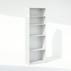 an empty white book shelf against a wall