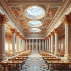 an ornately decorated dining room with tables and chairs in front of a skylight