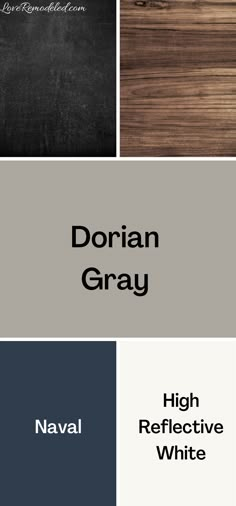 four different color schemes with the words dorian gray in black, white and brown