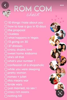 a pink poster with the words rom com check in it's center and pictures of people