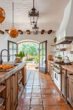 an open kitchen with lots of counter space