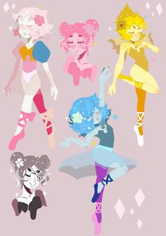 four cartoon girls with different outfits and hair