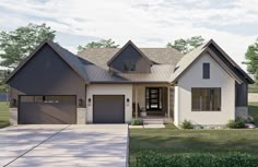 this is an artist's rendering of the front elevation of a house with two garages