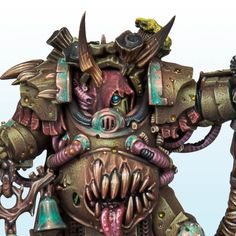 an image of a warhammer with large teeth and huge horns on his face, standing in front of a blue background