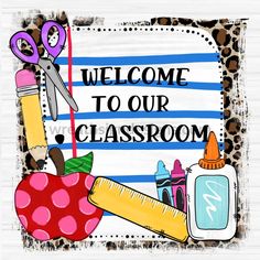 Welcome To Our Classroom Leopard And Notebook Metal Sign-Can Customize- Leave Teachers Name Grade In Halloween Fruit, Cowboy Crafts, Valentines Gift Card, Southwest Design, Teacher Name, Cards Sign, Door Hanging, Faith Inspiration, Wreath Sign