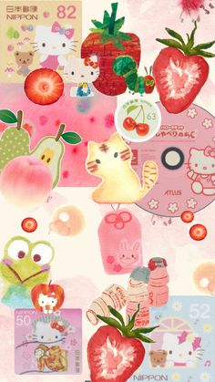 a collage of various images with hello kitty and strawberrys on the top one