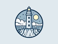 a lighthouse on top of a rock in the ocean with clouds and stars above it