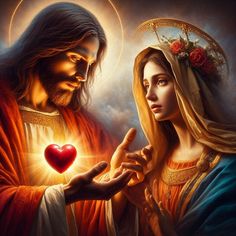 a painting of jesus and mary holding a heart in their hands with the light shining through them