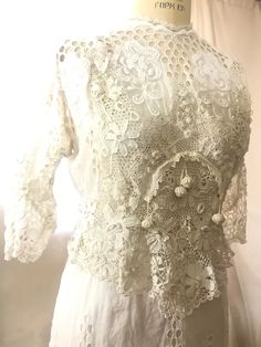 antique Edwardian Irish Crochet lace raised embroidery dress M | eBay Elegant Crochet Dress With Lace Patchwork For Wedding, Elegant Crochet Wedding Dress With Lace Patchwork, Fitted Cotton Lace Dress With Lace Trim, Elegant Crochet Lace Dress With Scalloped Details, Elegant Crochet Lace Dress With Lace Trim, White Cotton Lace Dress With Scalloped Details, Elegant Crochet Dress With Scalloped Lace For Wedding, Lace Crochet Dress With Lace Trim, Elegant Crochet Dress With Lace Work