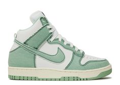 Wmns Dunk High 1985 'Green Denim' - Nike - DV1143 300 - enamel green/enamel green/summit white | Flight Club Dunk High 1985, High Dunks, Denim Sneakers, Shoes Green, Nike Dunk High, Dunk High, Leather High Tops, Nike Green, Nike Outfits